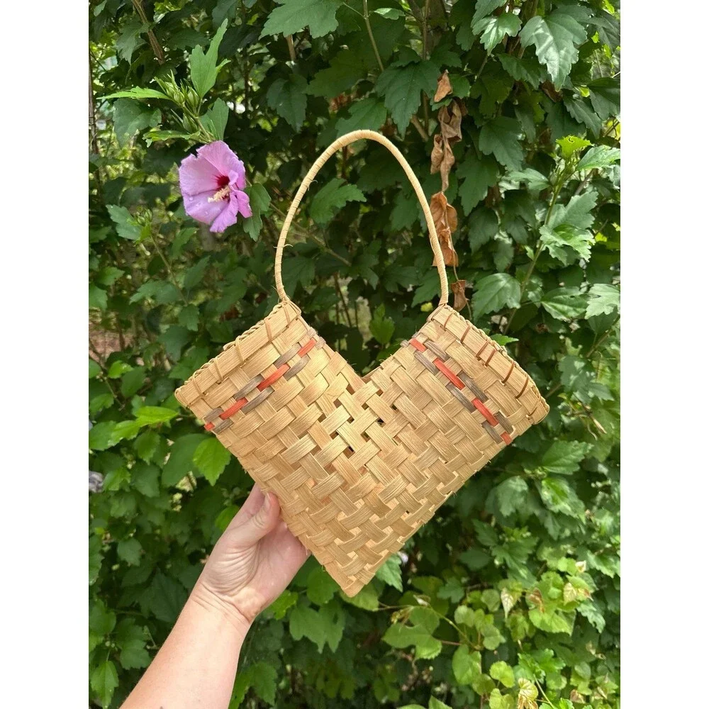 Vintage Wicker Wall Elbow Basket Double Heart Shape Hand Crafted Cottagecore